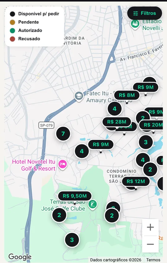 Tela do Prop.IA: mapa com os imóveis da carteira, cada pino mostrando o preço e a cor indicando a situação da autorização.